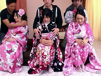 Japanese Cuties with Hairy Pussies in a Rare Orgy