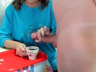 Taboo Milf Granny Drinks Coffee with a Huge Load of Cum!